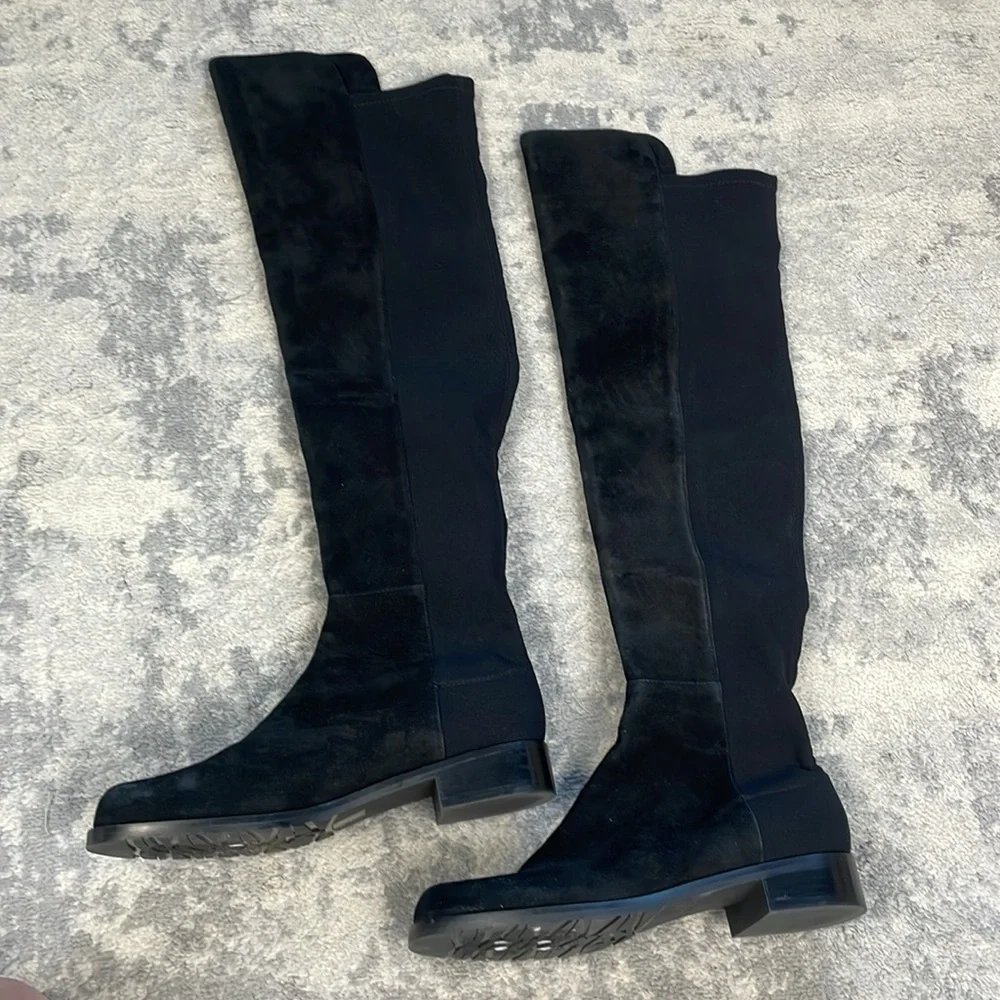 New Stuart Weitzman 5050 Suede Riding Boots Knee High Black Low Heel Sz 5.5